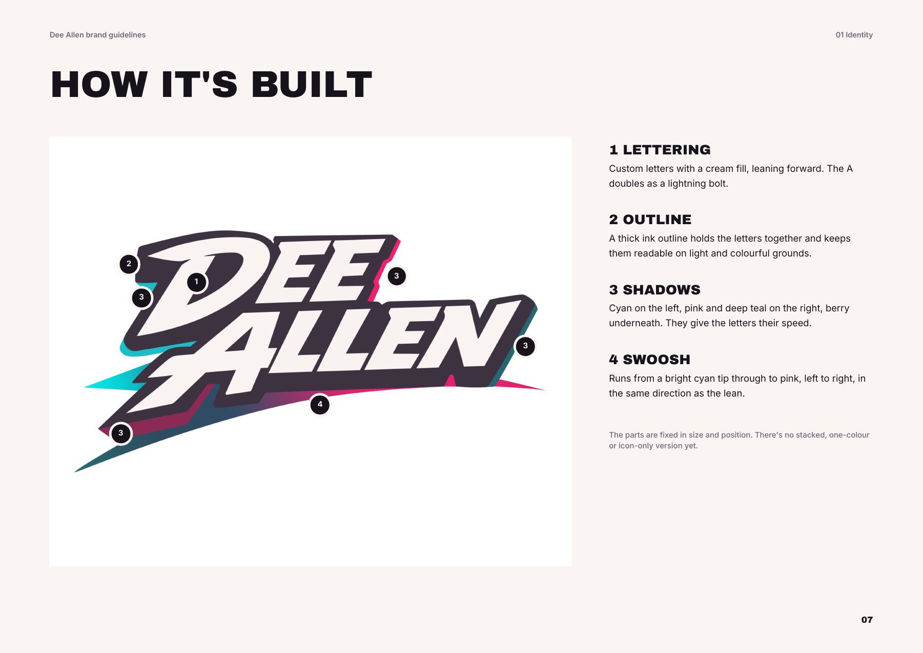 How the Dee Allen logo is built: lettering, outline, shadows and swoosh