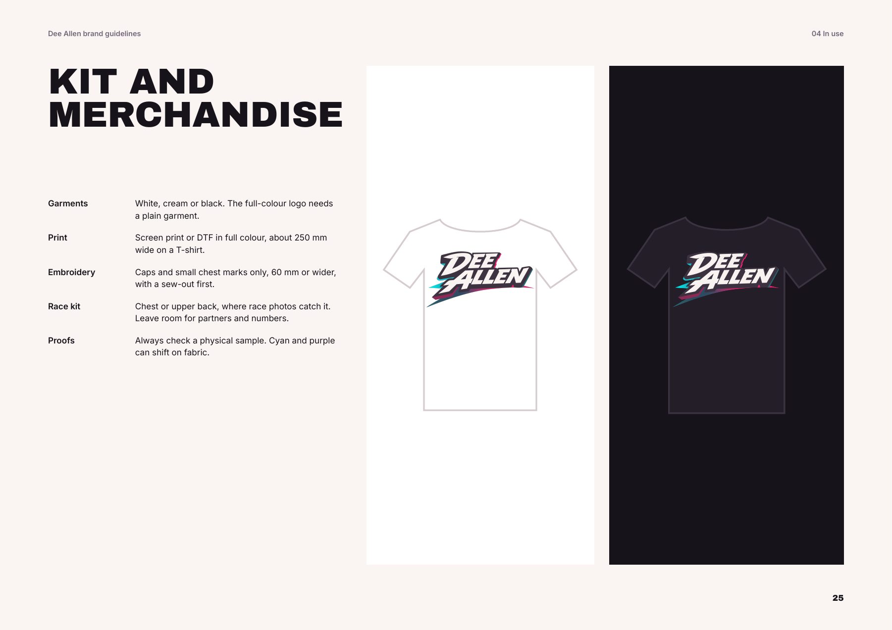 Dee Allen logo on white and black t-shirts