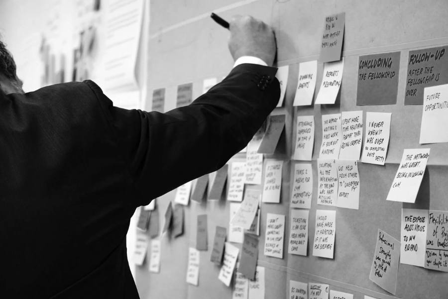 Planning wall covered in sticky notes