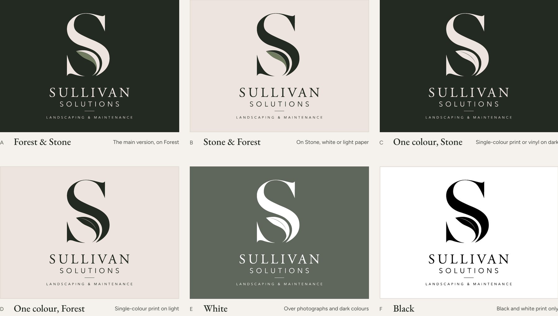 The Sullivan Solutions logo in six colourways