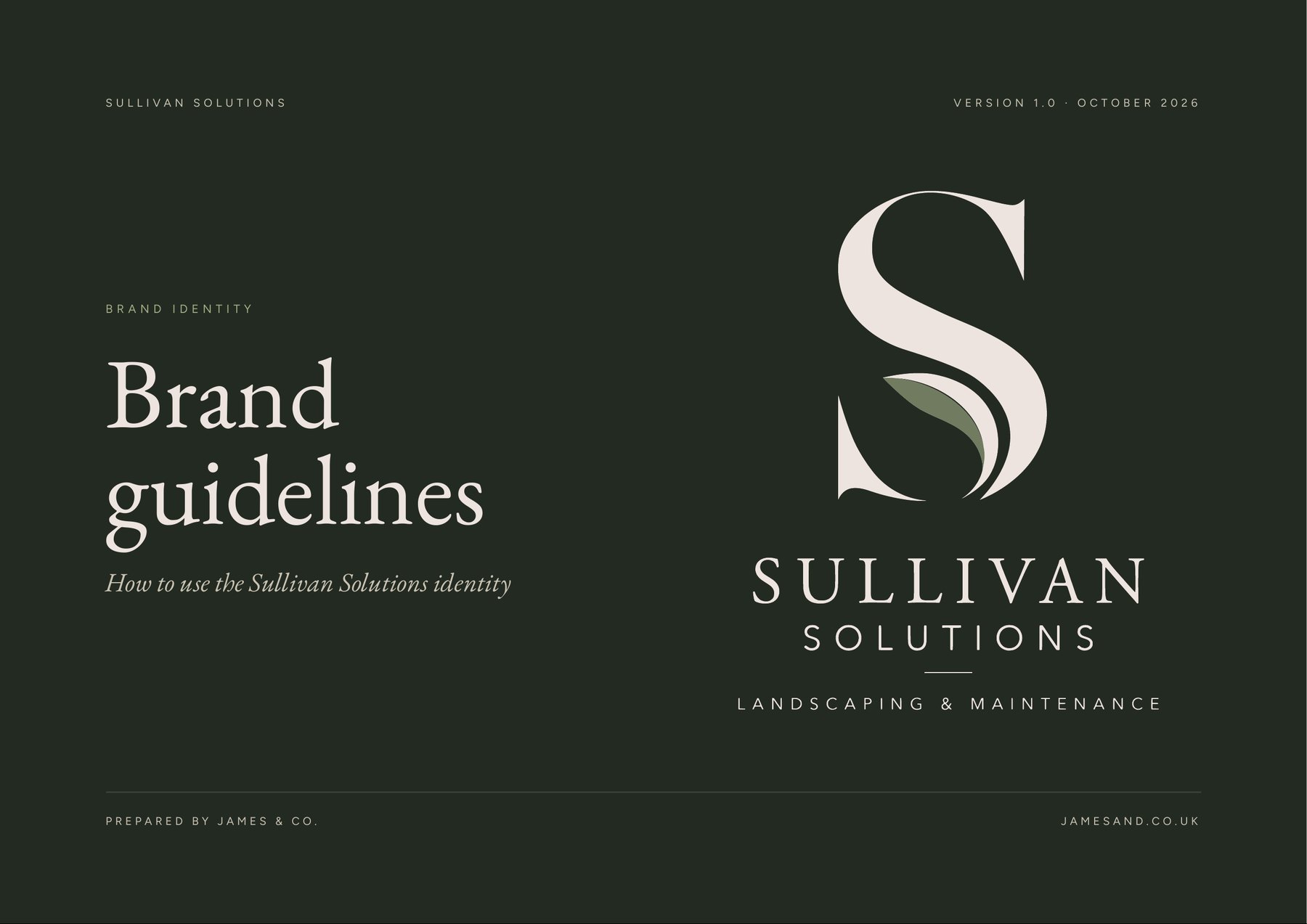 Cover of the Sullivan Solutions brand guidelines, with the S and leaf logo on deep forest green