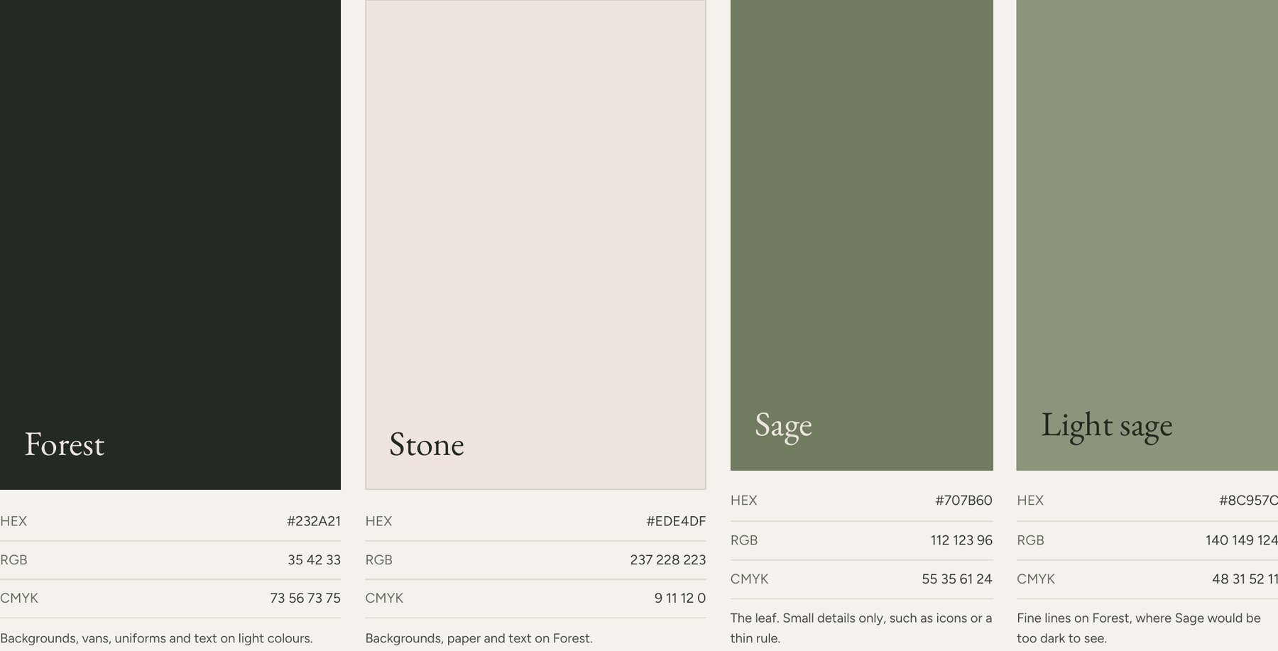 The Forest, Stone, Sage and Light sage colour palette